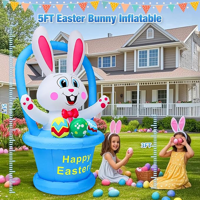 5 Ft Easter Inflatables Yard Decorations, Blow up Easter Bunny with LED Lights Basket Light up Outdoor Decor for Holiday Party Indoor Outdoor Garden Lawn