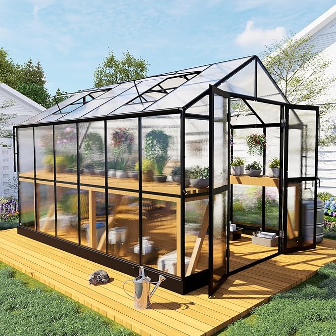 HOWE 8x12x7.5 FT Polycarbonate Greenhouse Double Swing Doors 4 Vents 5.2FT Added Wall Height, Walk-in Large Aluminum Sunroom Winter Greenhouse for Outdoors, Black