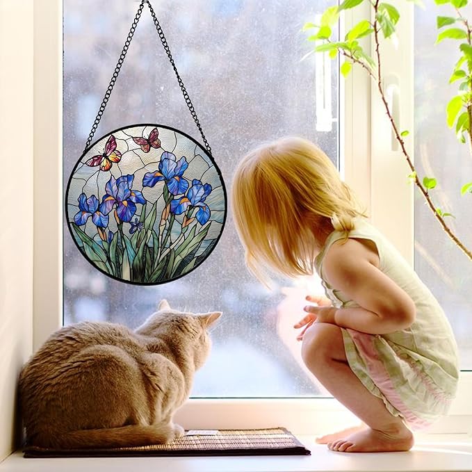 Stained Glass Window Hanging, Blue Iris Flowers Butterfly Suncatcher Diamond Colorful Glass Panel Sun Catchers Decor for Birthday for Women, Men, Wife, Aunt, and Mom 6.3 in