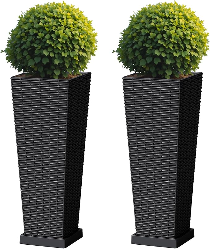 Flamaker Set of 2 Resin Rattan Planters with Tray for Indoor Outdoor, 24'' Tall Flower Pots with Drainage Holes&Inner Pot, Tapered Planters for Garden, Patio, Porch (Black, Small)