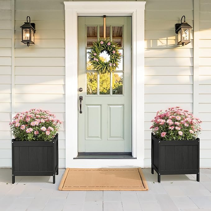 LUE BONA Outdoor Plant Pots, 13.7" x 12.5" x 14.5" Flower Pots with Drainage Holes, Outdoor Planters Boxes for Outdoor Plants - Porch Patio, Garden or Entryway, Black