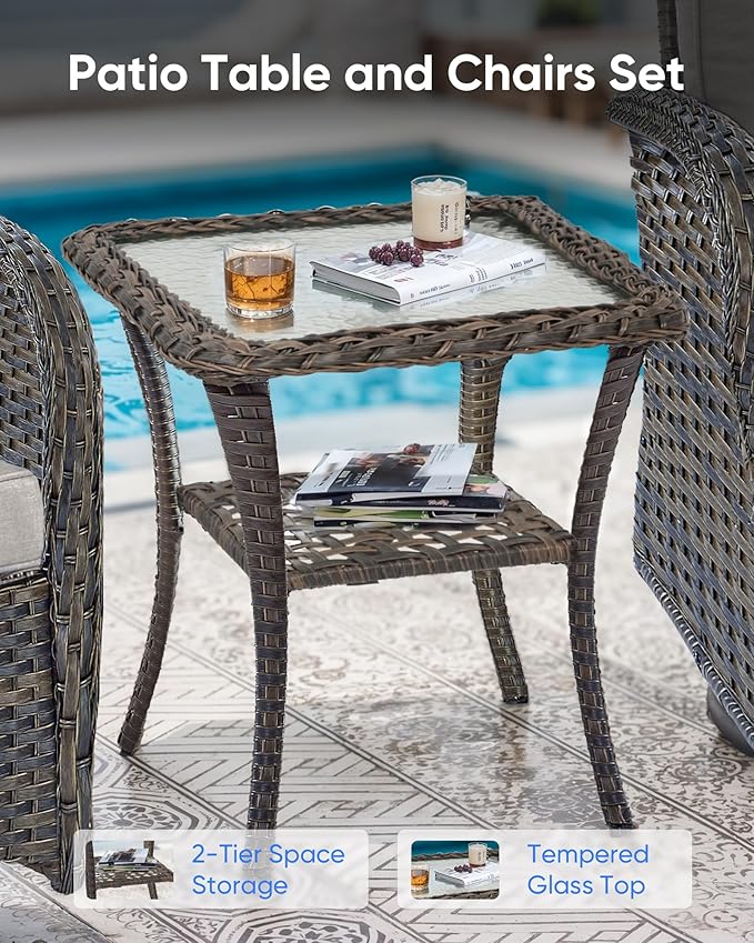 5 Pieces Outdoor Wicker Patio Furniture Set-High Back Outdoor Rocking Chairs Set of 2 with Ottoman Patio Conversation Sets for Deck Lawn Porch Balcony Poolside-Brown/Beige