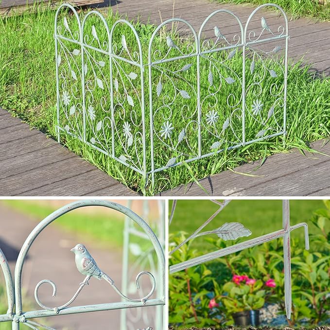 Sungmor 25in x 8ft Metal Garden Fence Border, Rustic Style Decorative Garden Fence Animal Barrier, Landscape Pathway Edge Iron Picket Fence Panels, Plant Support Climbing Trellis, Pack of 4