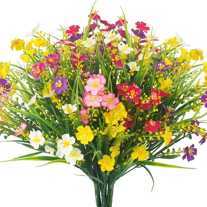 Grunyia 12 Bundles Artificial Flowers Faux Plants Spring Decoration Plastic Plants UV Resistant Shrubs for Home Indoor Outside Garden Window Porch Pots Decoration (Multicolor)
