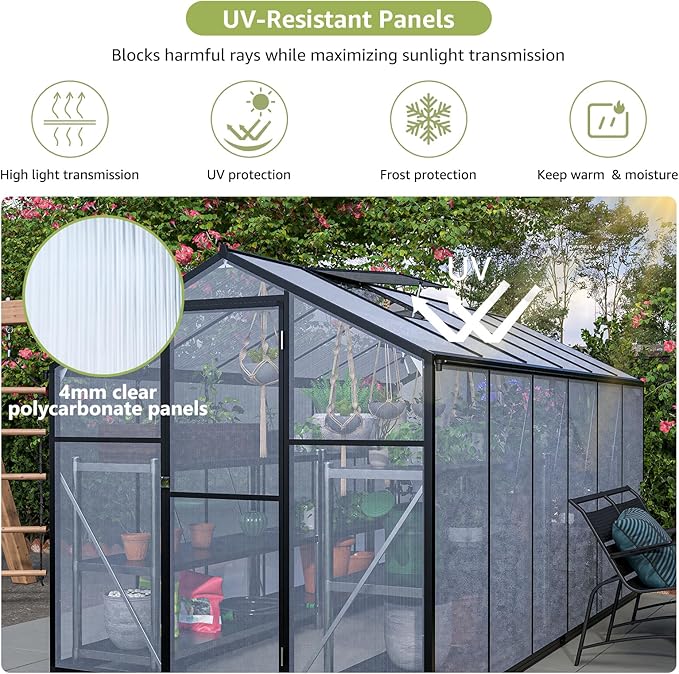 6x12 Ft Greenhouses for Outdoors, UV-Coated Polycarbonate Panels and Aluminium Green Houses for Outside, 2 Roof Vents, Invernaderos para Plantas Exterior, Walk-in Greenhouse Kit for Backyard, Lawn
