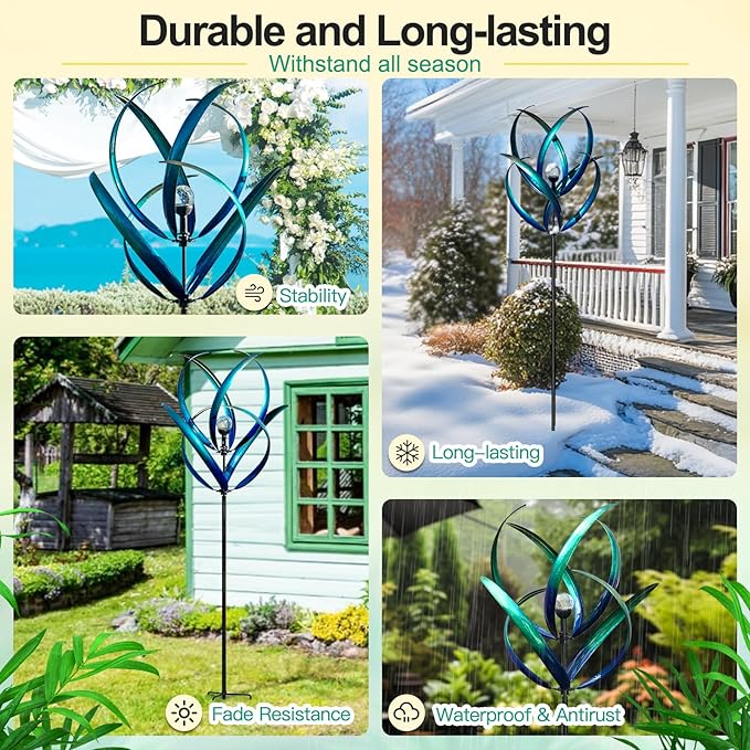 Lariander Outdoor Wind Spinners with Solar Light, 82'' Metal Large Spinner Yard Art, Peacock Blue Wind Sculptures for Garden Lawn Patio, Gifts for Family