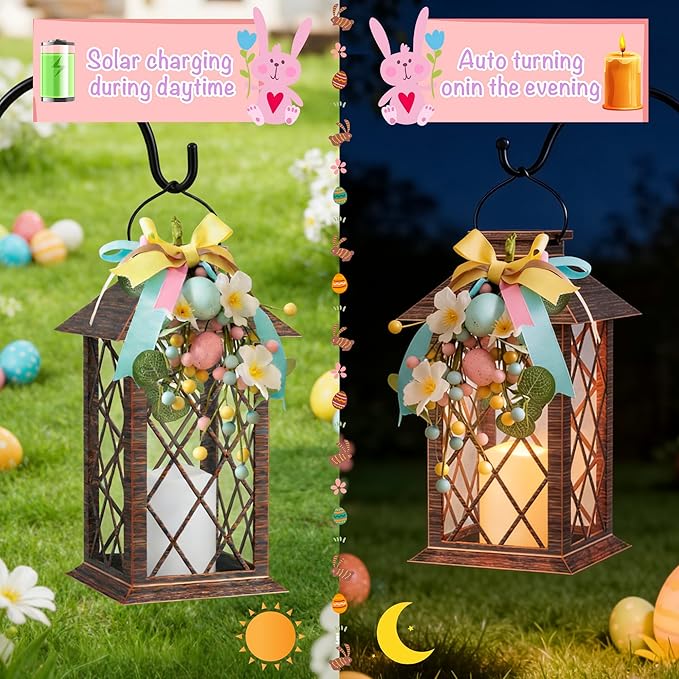 Easter Solar Lanterns Outdoor, Waterproof Garden Hanging Lanterns, 13" Outdoor Decorative Lantern with LED Flickering Flameless Candles, Easter Lantern for Porch, Yard,Patio Decor