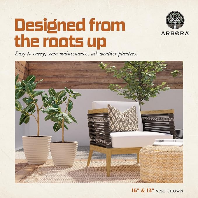 ARBORA 16" Ibiza Polyresin Indoor and Outdoor Planter with Classic Cream Finish - Durable, Weatherproof, Lightweight, Large Plant Pot for Patio, Garden, Deck, Entryway - 2 Pack