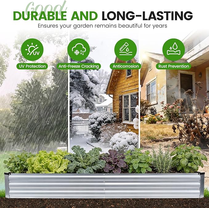 G GOOD GAIN 8x4x1ft Galvanized Raised Garden Bed, Heavy-Duty Metal Planter Boxes Outdoor for Vegetables Flowers Herbs, Silver(2 Pack)