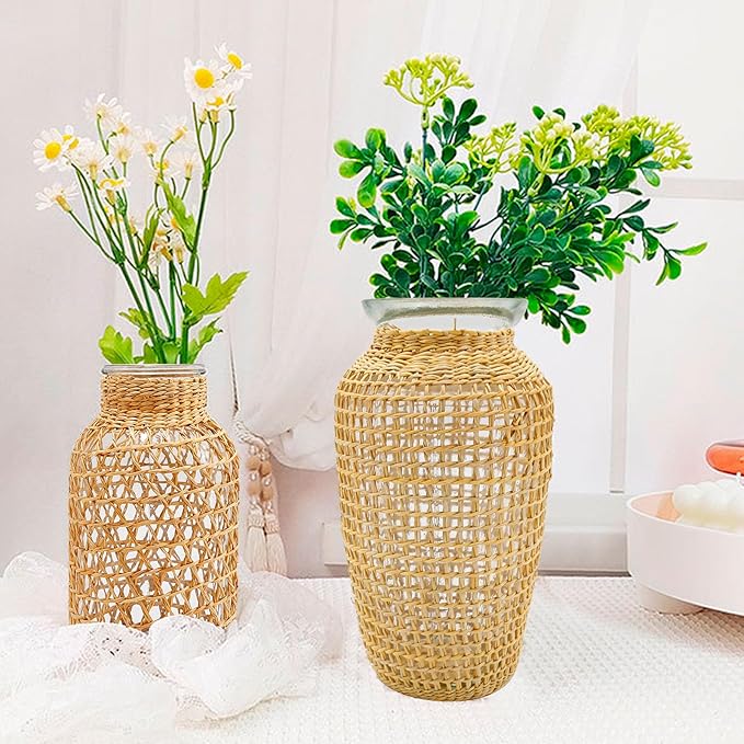 MDEOOSKY Straw Woven Glass Vase 7.9''x2.36''x3.5''Boho Glass Flower Vase Country Rustic Style Vase Glass Vase for Floral Arrangements Bottle Height (A Style 7.9IN)