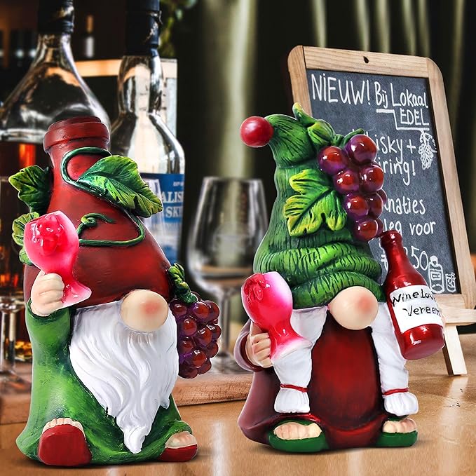 2PCS Wine Gnomes Figurines Valentines Day Decorations Home Party Wine Bar Decor Gnome Gifts for Women Collectible Statue Outdoor for Dining Tables Tiered Pallets Wine Cabinet Living Room