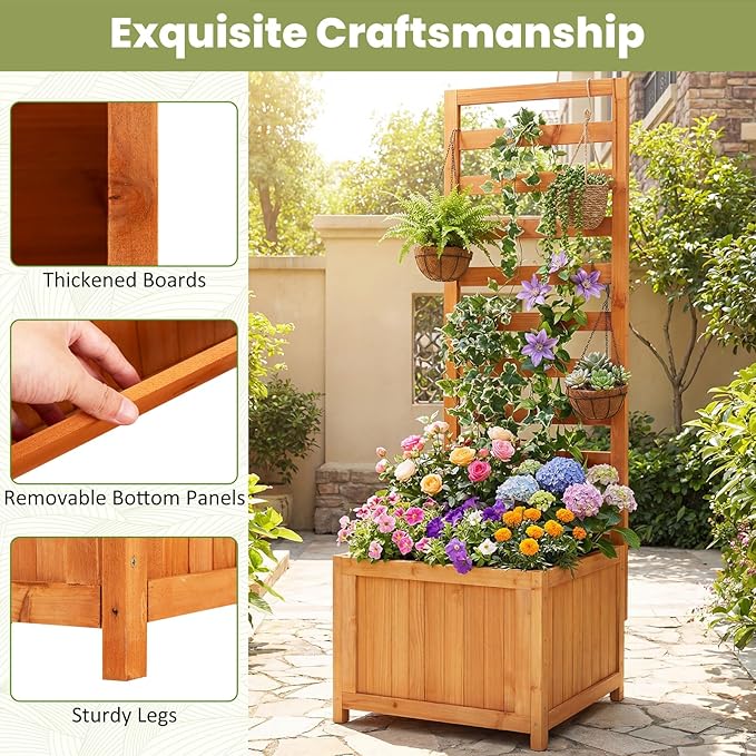 Giantex Wood Raised Garden Bed with Trellis, Outdoor Planter Box for Vines Flowers Vegetables, Herbs, Freestanding Plant Container Privacy Planters for Porch, Patio, Backyard