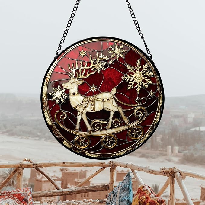 DASTOLL Stained Glass Window Hanging 4 Pcs Set Red Christmas Elk Snowflakes Large 11.8" - Deer Suncatcher Door Garden Sun Catcher Decor Birthday for Mom Woman Nana Men Friend