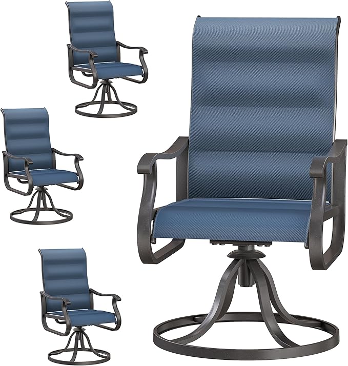 Patio Swivel Chairs Set of 4, Outdoor Dining Chairs with High Back, All-Weather Swivel Rocker Chair for Lawn, Porch or Garden (Padded Navy)