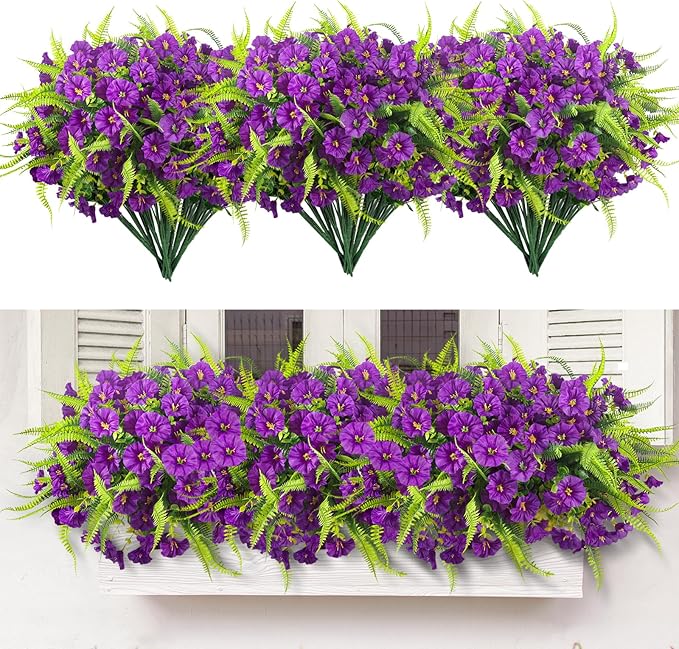 HIAGROW Spring Artificial Flowers Outdoors 12 Bundles Artificial Petunias Fake Flowers UV Resistant Shrubs Plants with Fern for Indoor Outside Hanging Planters Home Garden Decorations (Light Purple)