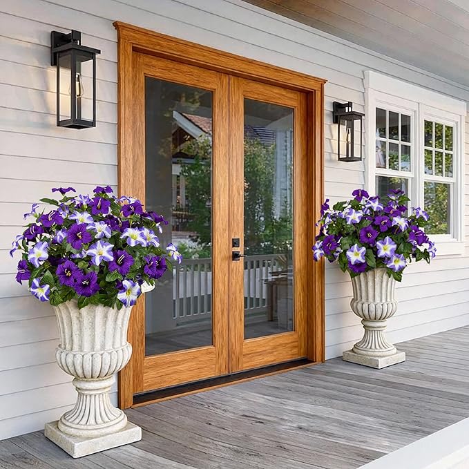 Brlita 19 Inch Artificial Flowers for Outdoor Indoor Garden Home Decoration,Faux Flower for Home Office Garden Patio Balcony 4 Bundles (Double Purple)