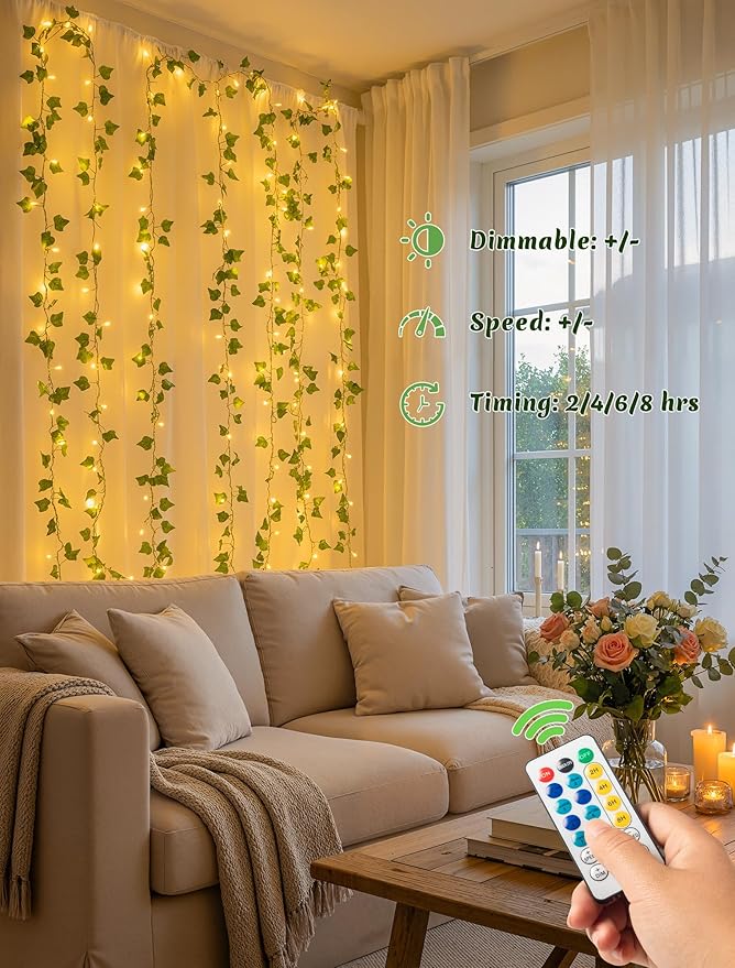 Vines with Fairy Lights,23ft Ivy Leaf Lights Plug in,73 LED Lighted Fake Garland with Remote Indoor Outdoor for Dorm,Bedroom,Wall,Celling,Curtain,Photo,Birthday,Wedding Decor(Warm White)