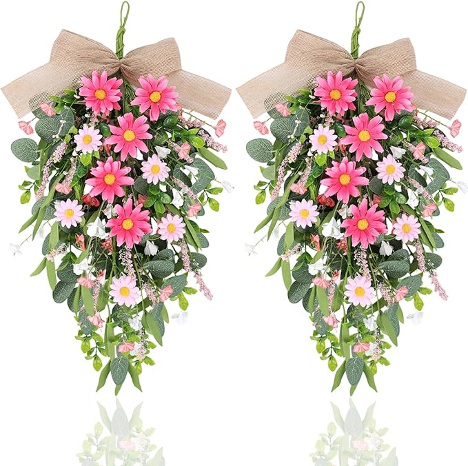 2 PCS Spring Pink Flower Teardrop Swags Silk Artificial Floral Swag Wreath for Front Door Wildflower Daisy Hanging Swags with Lavender Green Leaves for Wedding Farmhouse Home Outdoor Window Wall Decor