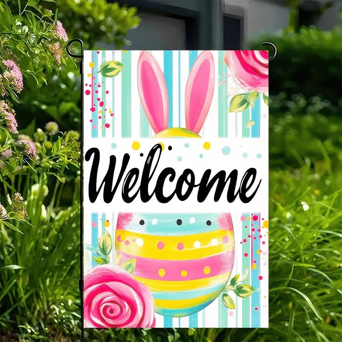 Happy Easter Garden Flag 12x18 Inch Double Sided Welcome Sign Colorful Eggs Yard Flag Outdoor Home Decoration Flag Seasonal Spring Decor for Farmhouse Holiday