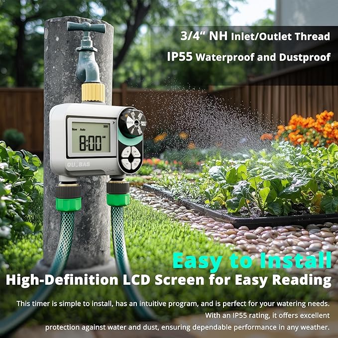 [2 Pack] QUOBAS 2 Zone Water Timer for Garden Hose, Automatic Sprinkler Timer with Dual Outlets, Heavy Duty Brass Fittings, Leak-Free, Programmable, for Lawn Watering and Drip Irrigation System
