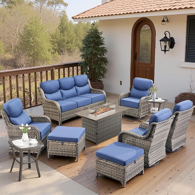 Belord Luxury 6" Thick Cushioned 10 Pieces Patio Furniture Set with Fire Pit Table, Wicker Outdoor Conversation Set with High Back Swivel Rocker Chairs for Deck Porch Yard and Poolside - Grey+Blue