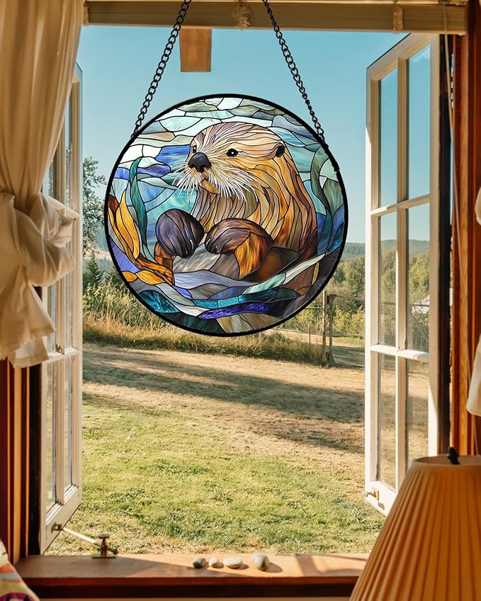 AMDERVEN Stained Glass Suncatcher, Blue Ocean Cute Sea Otter Sun Catcher Stain Glass Window Hanging Decoration Mother's Day Birthday Gifts for Women Men Mom Nana 15 in