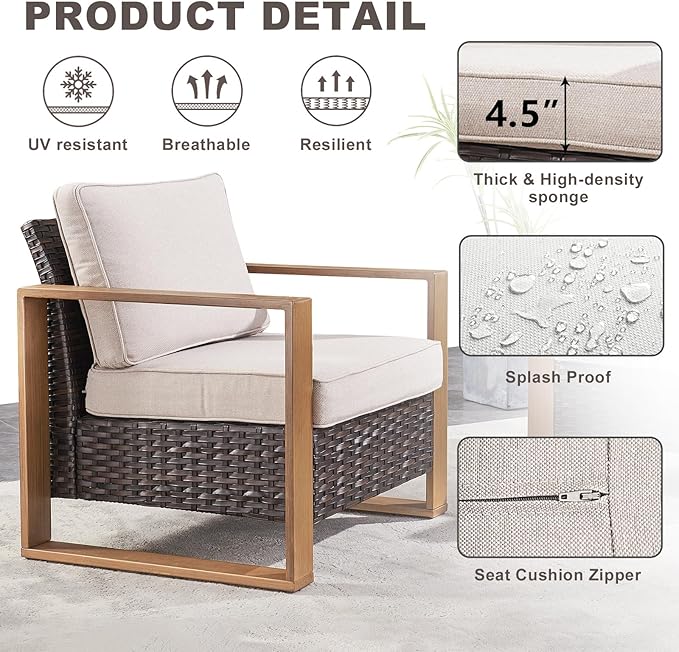 Rilyson Outdoor Wicker Patio Furniture Set - 4 Piece Patio Conversation Set with 2 Wicker Armrest Chairs,2 Rattan Ottoman, Sturdy Frame, Thick Cushions, Deep Seating(Brown/Beige)
