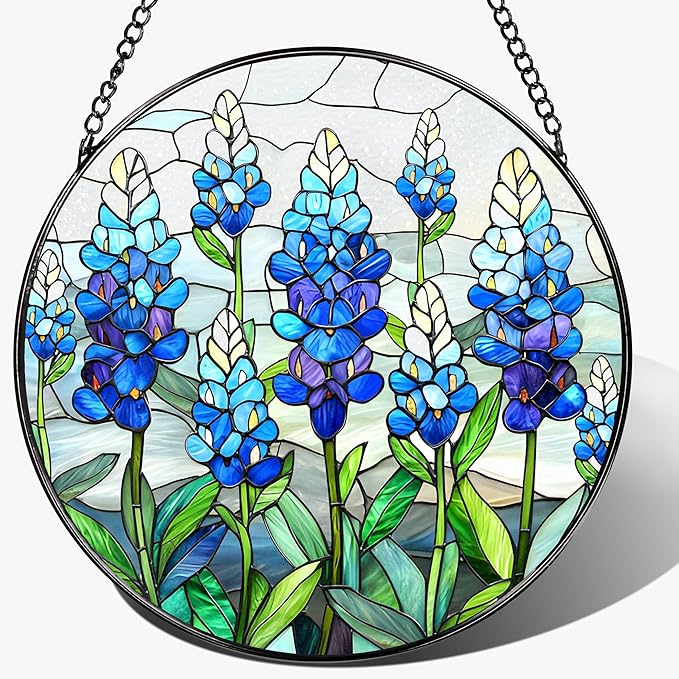 LAOWEIKI 8'' Texas Bluebonnet Sun Catcher Ornament, Stained Glass Window Hanging, Suncatchers for Windows Hanging Ornaments, Window Decor | Flower Lover Gift, Gifts for Mom Grandma