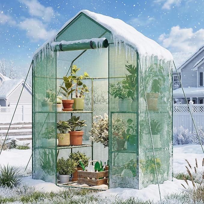 Superlele Walk-in Greenhouse for Outdoor, 56x29x77 Inch Portable Garden Green House with 6 Tiers (3 Tiers Each Side), Reinforced Green PE Mesh Cover, 4 Ground Stakes for Stability, Zippered Door