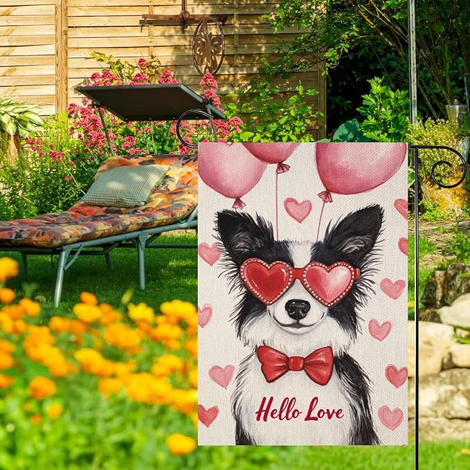 Valentine's Day Shetland-Sheep-Dog Hello Love Garden Flag, House Yard Plaid Love Heart Outside Decoration, Spring Holiday Wedding Anniversary Outdoor Small Decor 12x18(12639)