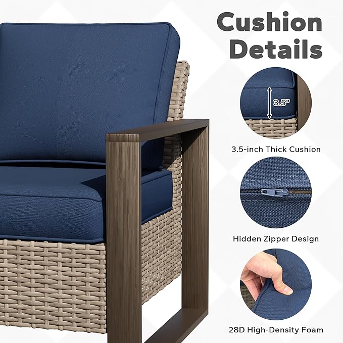 Joyside Outdoor Patio Chairs, 6 Pieces Wicker Rattan Furniture Set, 4 Patio Chairs and 2 Ottoman, Metal Wide Armrest, Thick Cushions and Deep Seating for Garden, Backyard, Porch, Deck