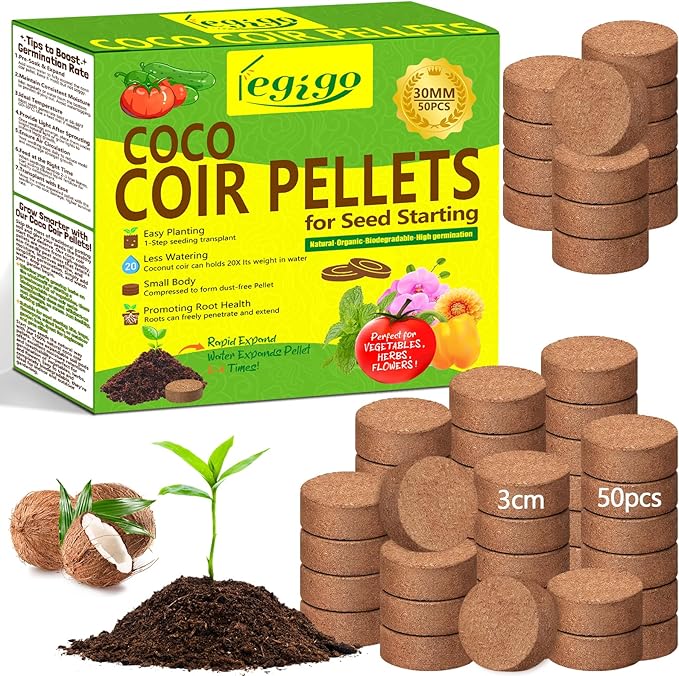 Legigo 50 Pcs 30mm Coco Coir Pellets Seed Starter Soil Mix- Organic Coconut Coir Potting Soil Pods for Seedling, Coco Peat Soil Discs for Indoor & Outdoor Plants Bonsai Herbs Vegetables and Flowers
