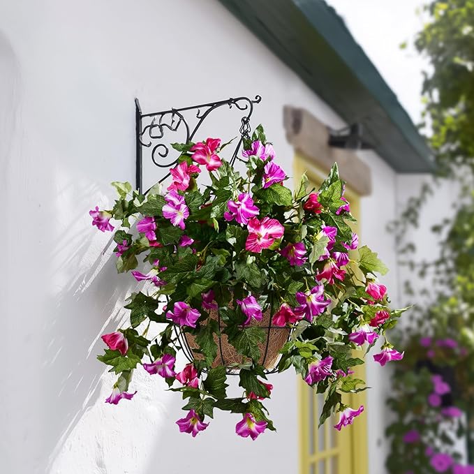 Artificial Morning Glory Flowers Plants for Outdoor 2Pcs Faux Silk Petunias Flower Realistic Faux Flowers Plants for Outside Planter Porch Yard Patio Balcony Home Indoor Decor (2 Pcs Fuchsia)