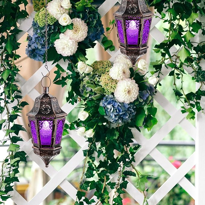 DECORKEY Moroccan Decorations Indoor, 13.6’’ Lantern Decorative Outdoor, Halloween Style Hanging Lantern with Chian for Home Porch Patio Decor, Vintage Metal Christmas Ramadan Candle Holders(Purple)