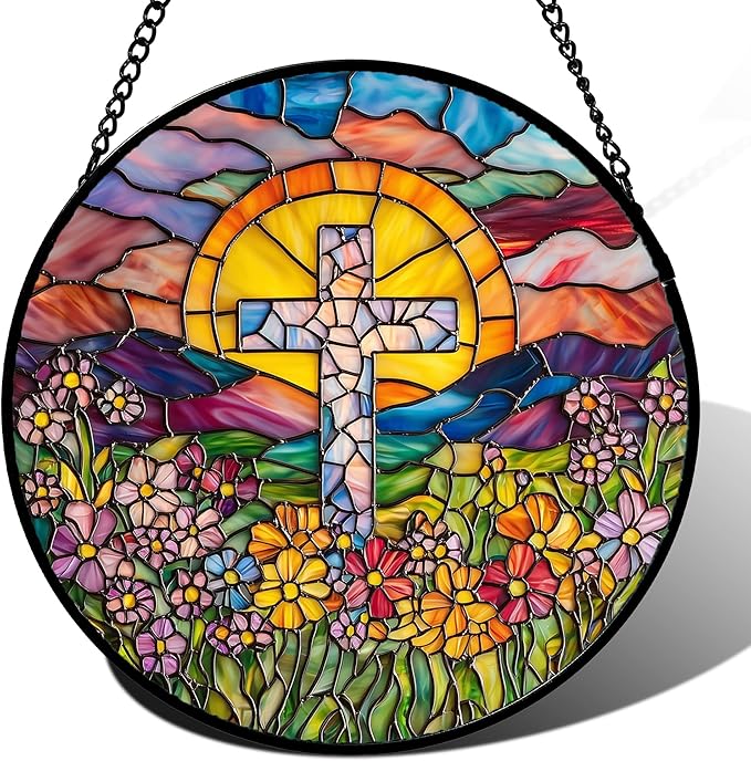 JOSUMALY Stained Glass Window Hanging - Cross Flower Sea Sun Catcher for Door Terrace Garden Home Decor, Mountains Landscape Suncatcher Birthday Gifts for Lovers Women Men Dad Mom Nana 7.8 in