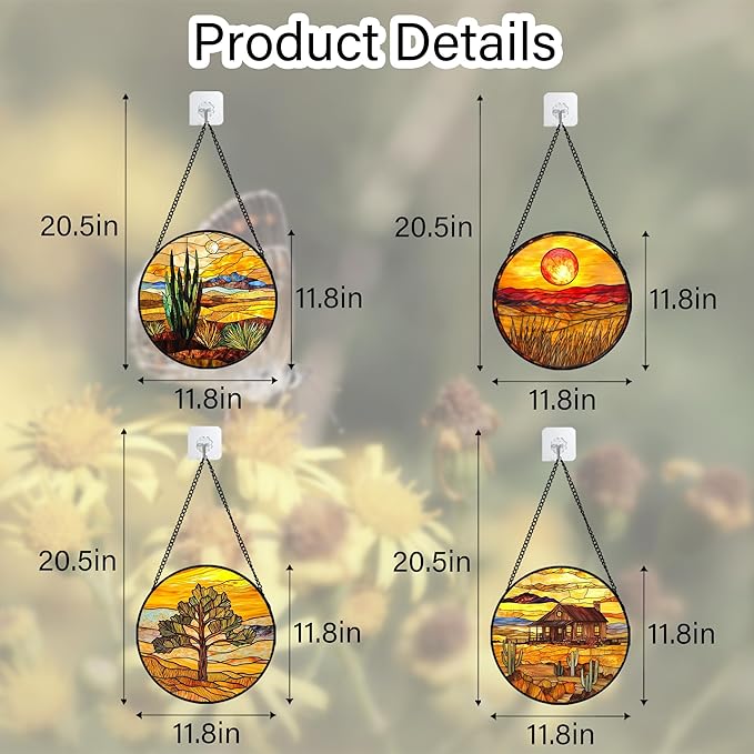 DASTOLL Stained Glass Window Hanging 4 Pcs Set Desert Sunset Theme Landscape Large 11.8" - Suncatcher Door Garden Sun Catcher Decor Birthday Christmas for Mom Woman Nana Men