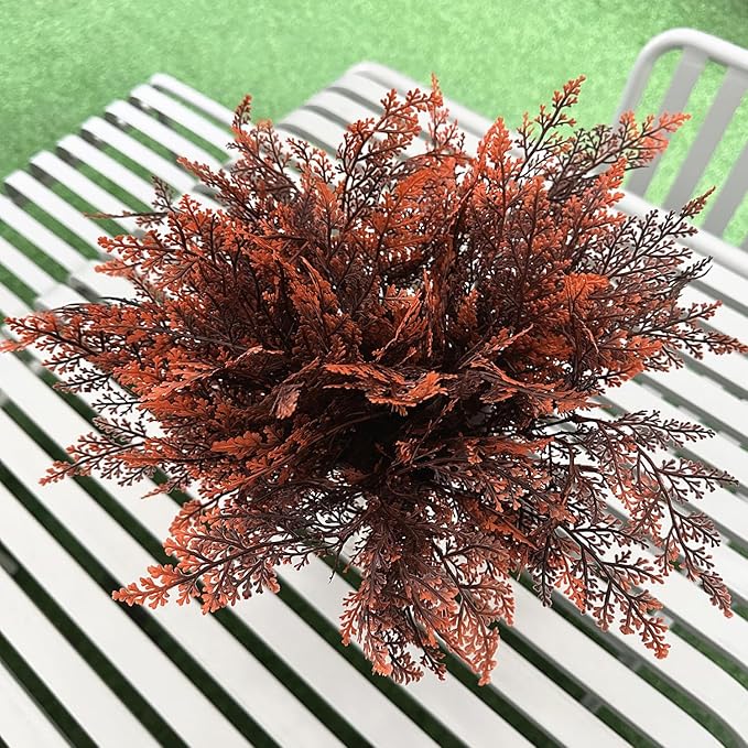Fake Ferns Shrub Artificial Fern Leaves Plants, Plastic Foliage Greenery Faux Boston Leaf Stems Plant for Outdoor Indoor Garden Décor Wedding Party DIY Decoration Planter Filler Shrubs - Red 8 Pack