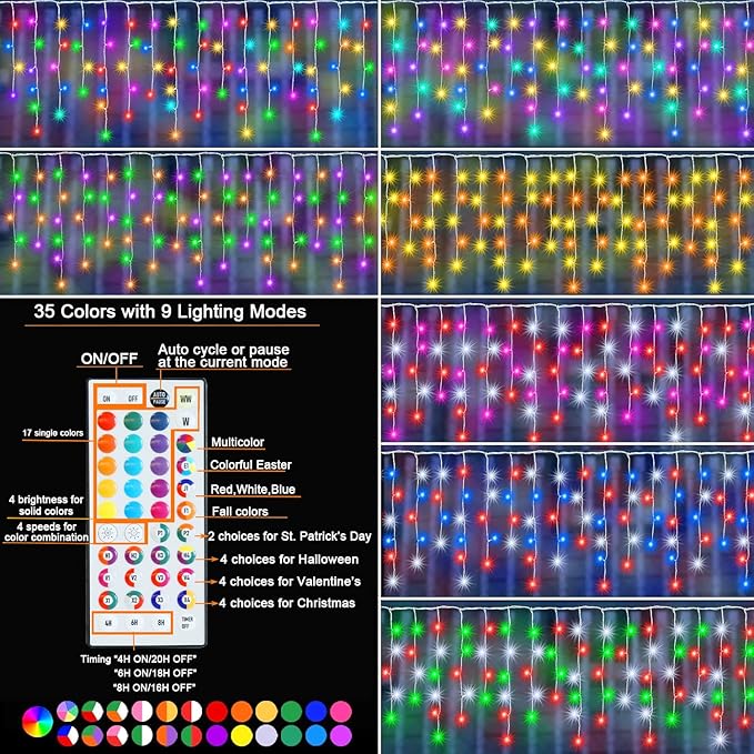 Color Changing Icicle Lights with Remote, 34 Colors Christmas Outdoor Decoration, 165 LED 26.2 FT RGB Waterproof Hanging String Lights for Roof Window Home Party Easter Valentine's Day Decorations