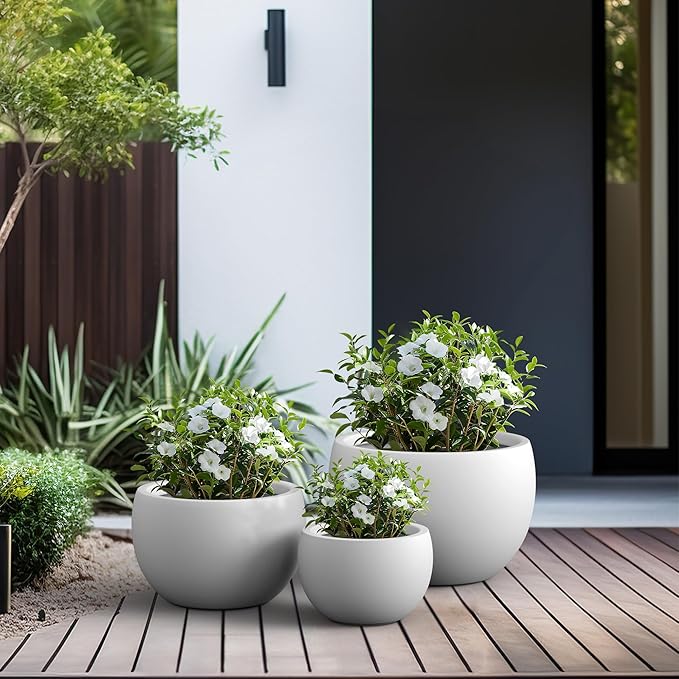 Kante 19.9",15.7",11.8" Dia Round Concrete Planter Set of 3, Outdoor/Indoor Large Bowl Plant Pots with Drainage Hole and Rubber Plug for Garden Patio Balcony Home, Pure White