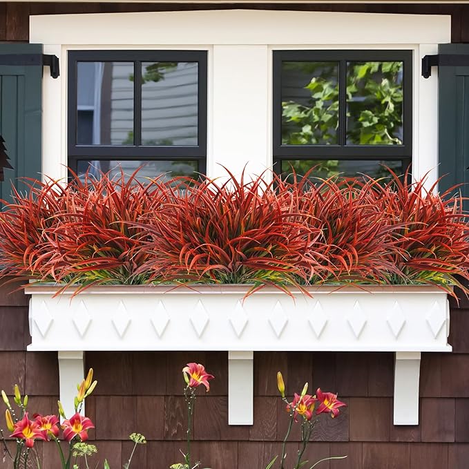 Uieke 6 Bundles Artificial Outdoor Plants UV Resistant Fake Grass Plants Faux Plastic Plants Greenery Shrubs for Home Garden Pathway Window Box Front Porch Cemetery Fall Decor, Autumn Red