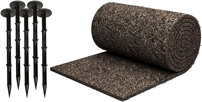 Black Rubber Mulch Border for Landscaping, 8' L x 2' W Roll, Natural-Looking Permanent Garden Barrier for Plants, Vegetables, and Flowers, Recycled and Sustainable, 16 Plastic Anchors Included