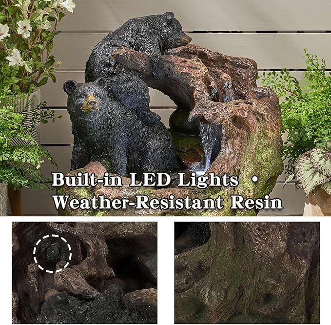22'' Outdoor Bear Fountain with LED Lights – Wildlife Water Feature for Garden, Patio, Yard, or Porch – Durable Polyresin Animal Waterfall Decor – Rustic Brown & Black Finish