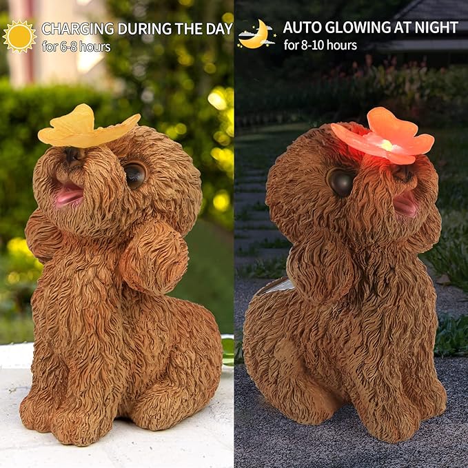 PaLuQiYa Dog Statues Outdoor Decor, Solar Lights Outdoor Statue Garden Decorations Solar Dog Ornaments for Patio, Lawn, Yard Art Decoration, Housewarming Garden Gift