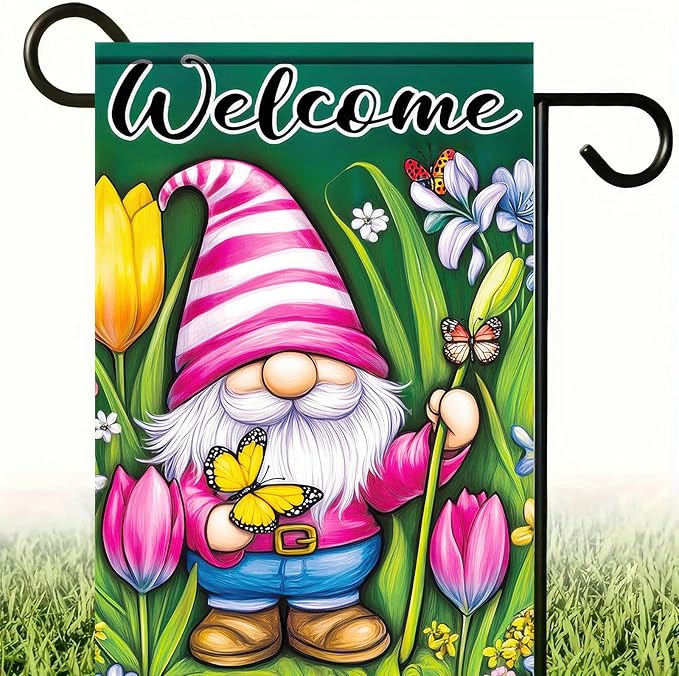 Spring Garden Flag 12x18 Inch Double Sided Cute Gnome Butterfly Outside Holiday Yard Welcome Spring Yard Flags Seasonal Decorations of Turmeric Flowers Outside Holiday Farmhouse Flag