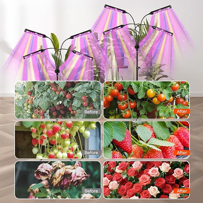 LED Grow Lights for Indoor Plants, 432 LEDs Red Blue White Full Spectrum Plant Lights for Indoor Growing with 15-63 inches Adjustable Tripod Stand, 4 Heads Grow Lamp with 4/8/12H Auto On/Off Timer