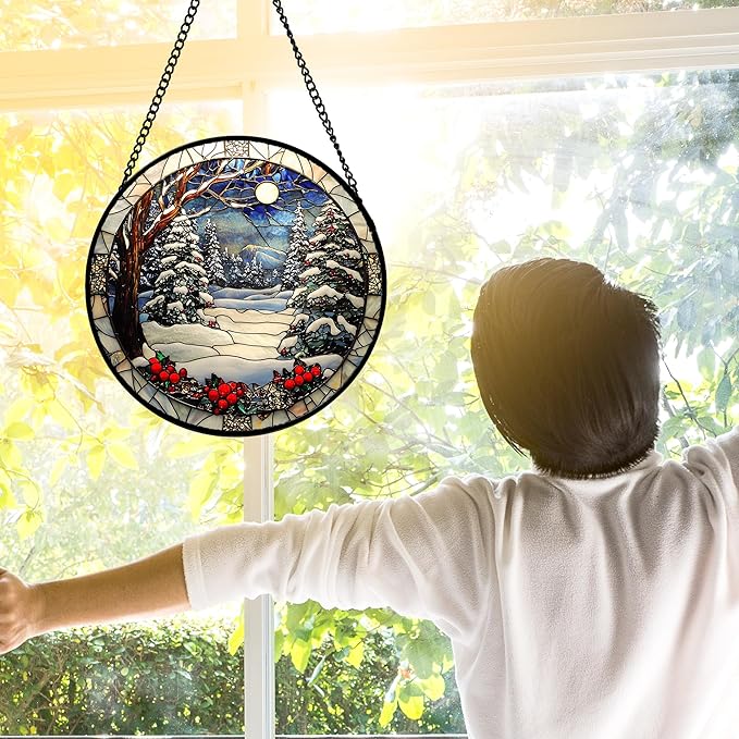 DASTOLL Stained Glass Window Hanging Christmas Tree Winter Snow Night Scenery 9.8" - Suncatcher Door Garden Kitchen Sun Catcher Home Decor Birthday for Mom Men Woman Friend