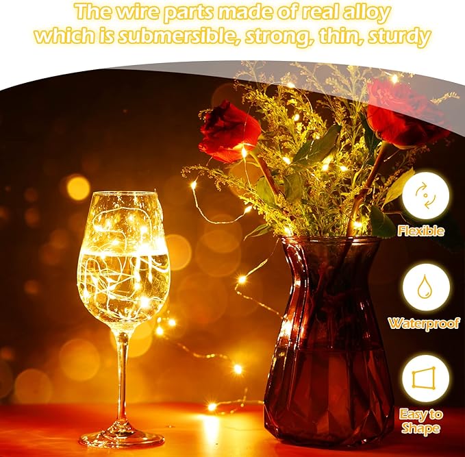 Hortsun 20 Packs Fairy Lights Battery Operated 3 Speed Modes, 7 Ft/ 2 M 20 LED Battery String Mini Waterproof Wire Twinkle Lights Bulk for Wedding Party Birthday Vases Decor (Warm White)