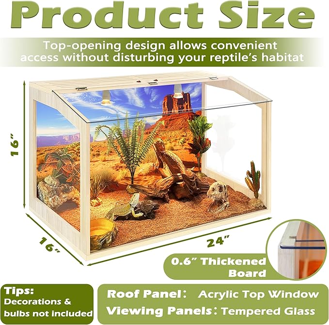 PROLEE Tempered Glass Bearded Dragon Tank,Reptile Tank with Clear Window View, Anti-Scratch Lizard Tank,Spacious Reptile Enclosure for Snakes, Lguanas, Chameleons (Oak, 28Gallons,24"L x 16"W x 16"H)