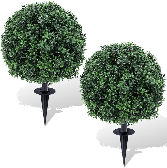 ENVEN Artificial Topiary Ball Tree Outdoor Plants with Ground Spike 22"- UV Resistant Faux Shrubs, Eucalyptus Fake Plants for Indoor & Garden, Yard, Porch, Patio Decor (Green Boxwood)