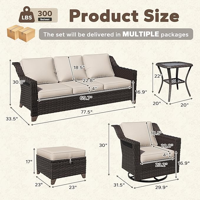 11 Pieces Patio Conversation Furniture Set - 1 Sofa, 4 Ottomans, 4 Swivel Chairs, 2 Side Tables, Outdoor Wicker Furniture with Removable Cushions for Porch, Balcony, Sunroom (Beige)